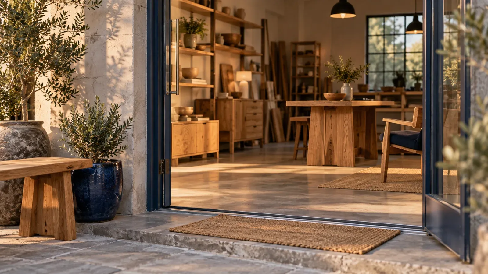 Porte vitrée grande ouverte sur un atelier de meubles en bois baigné de lumière dorée, image d’un site qui reste accessible à Googlebot et visible dans la recherche Google.