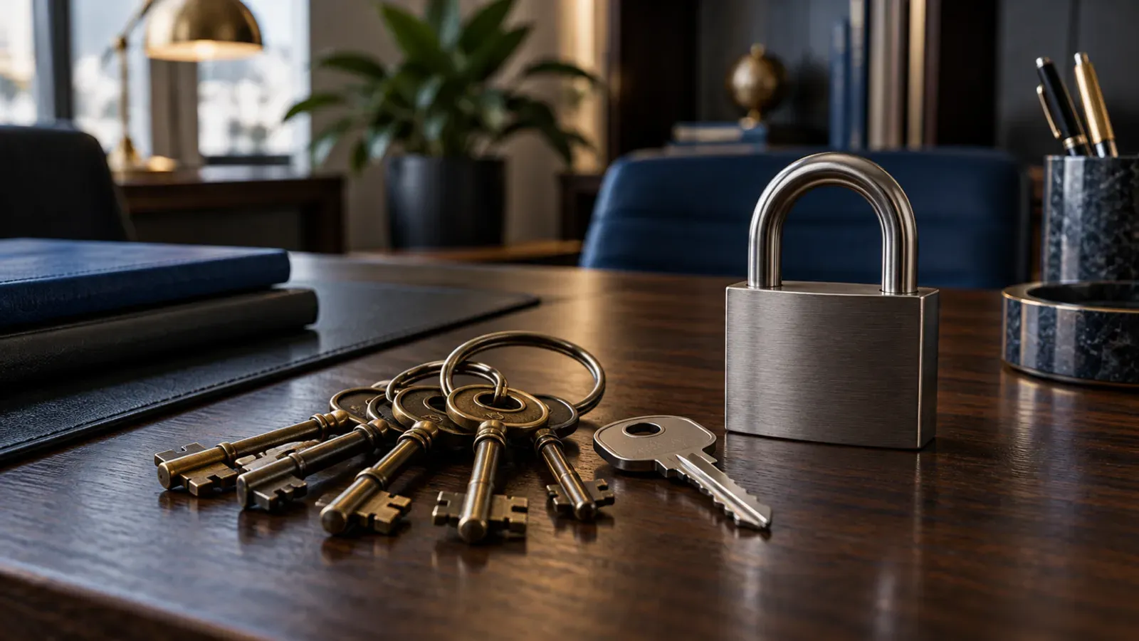 Trousseau de vieilles clés, clé moderne et cadenas fermé sur un bureau en bois : image des accès administrateurs à recenser pour sécuriser un site internet.
