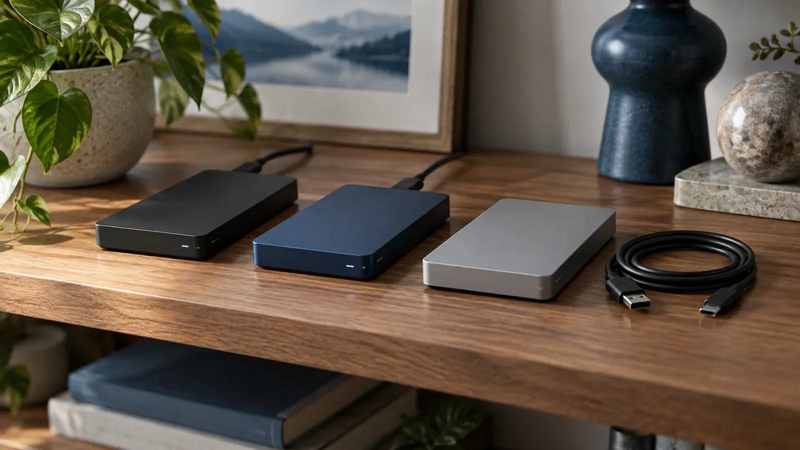 Trois disques durs externes alignés sur une étagère, deux branchés et un débranché avec son câble enroulé à côté, pour illustrer la règle de sauvegarde 3-2-1 d un site.