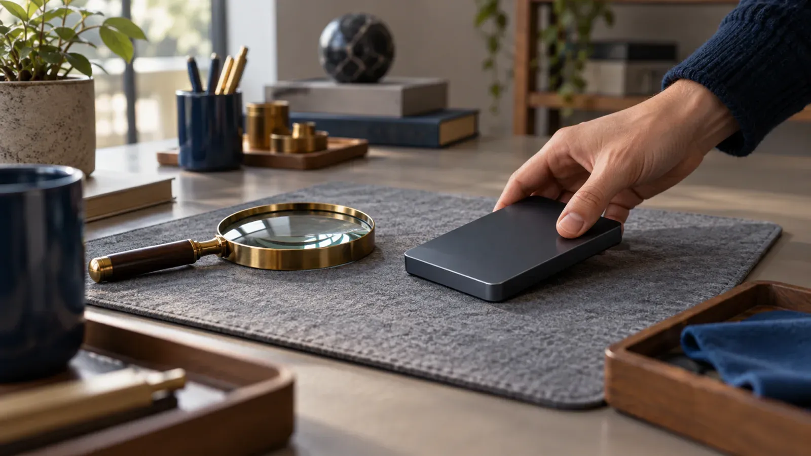 Main posant un disque dur externe sur un tapis gris, à côté d une loupe en laiton, pour illustrer la vérification d une sauvegarde avant la restauration d un site.