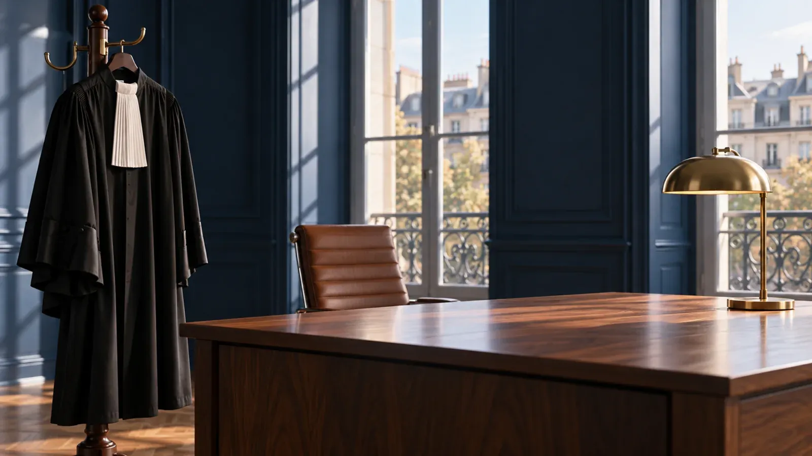 Une robe d’avocat noire à rabat blanc suspendue à un portemanteau, dans un cabinet aux murs bleu nuit, à côté d’un bureau en noyer vide.