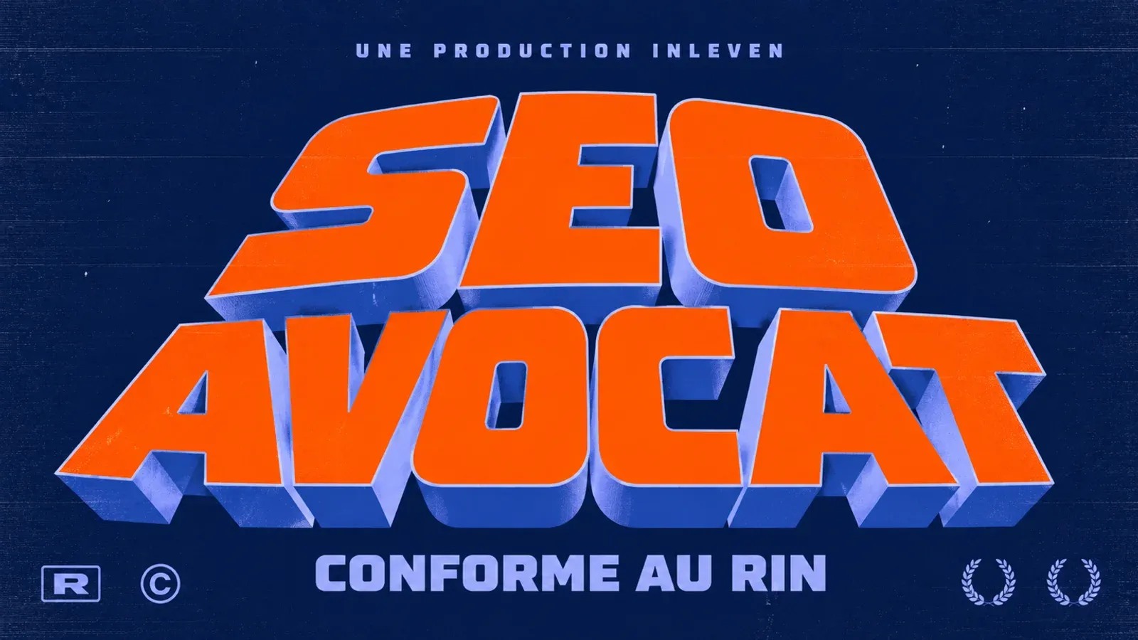 Couverture rétro en relief 3D sur fond bleu nuit, titre orange SEO avocat et mention Conforme au RIN.