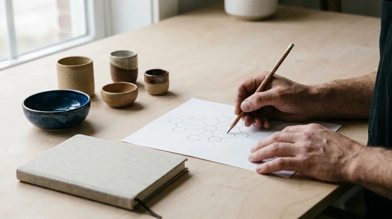 Les mains d’un patron de boutique dessinent au crayon l’arborescence de ses catégories, un schéma de cercles reliés sur une feuille blanche, à côté de quelques poteries et d’un carnet fermé.