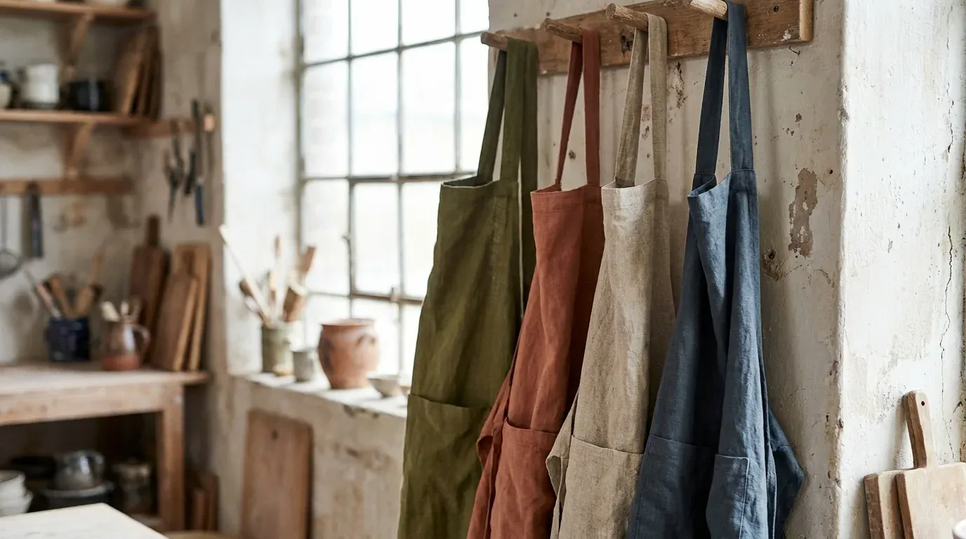Quatre tabliers de cuisine en lin, le même modèle en quatre couleurs, suspendus côte à côte sur des patères en bois dans un atelier : les variantes d’un même produit réunies sur une seule fiche.