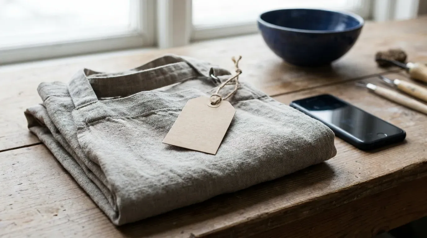 Gros plan sur un tablier en lin plié avec une étiquette kraft vierge nouée à la ficelle, un téléphone éteint posé à côté sur l’établi : la fiche produit à remplir, prix, disponibilité et identifiant.