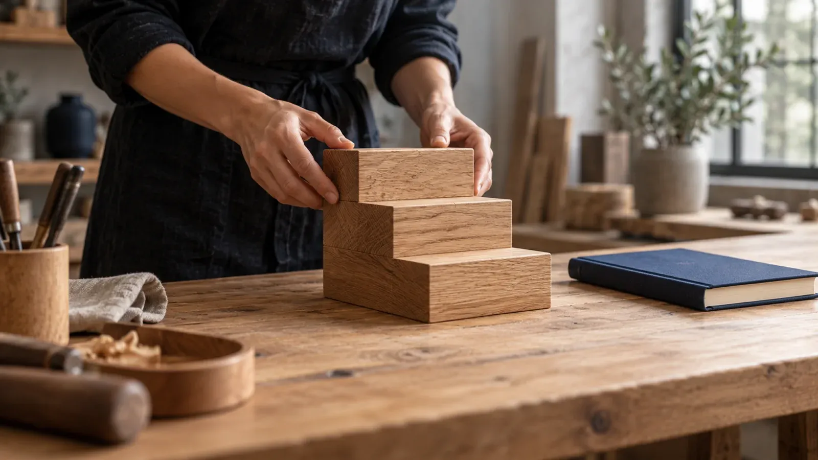 Mains d’une artisane ajustant le bloc du haut d’un petit escalier de trois blocs de chêne sur un établi, pour les trois étapes : base SEO, accès des robots, contenus sourcés.