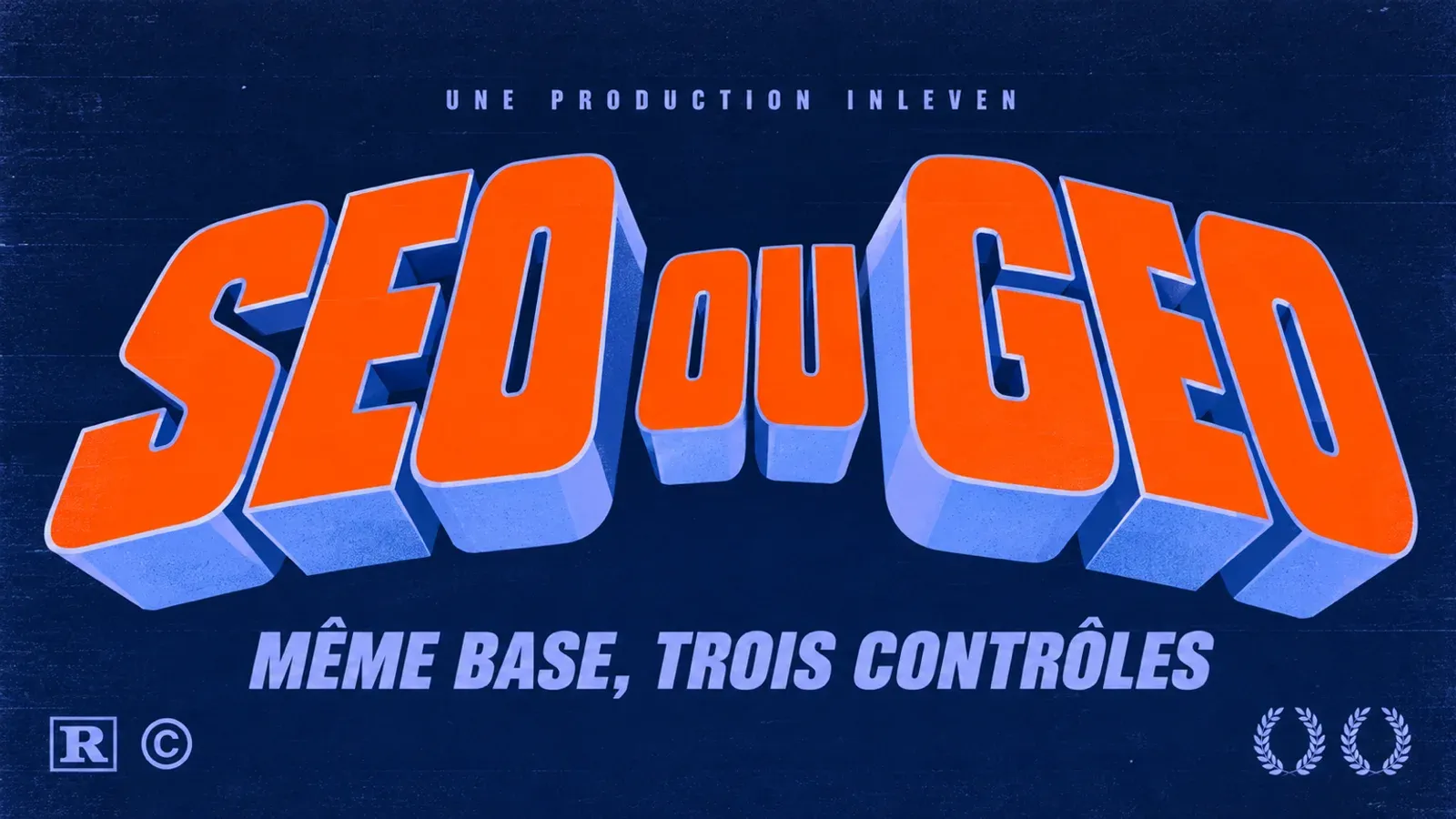 Couverture en 3D rétro sur fond bleu marine, titre orange SEO ou GEO et ligne du bas même base, trois contrôles, pour un article sur la différence entre référencement Google et citations dans les réponses des IA.