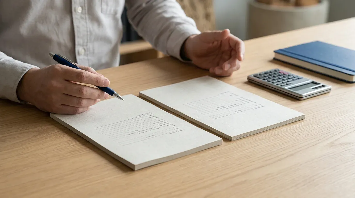 Deux devis imprimés posés côte à côte sur un bureau avec une calculatrice, pour comparer le prix de Shopify et celui d’un site sur mesure.