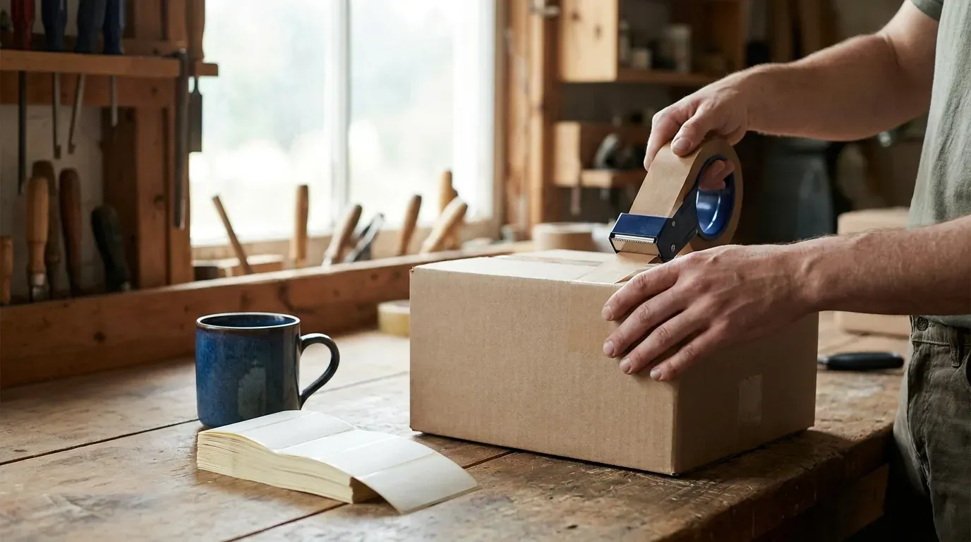 Colis en carton scellé sur un établi d’atelier avec des étiquettes d’expédition, pour savoir si une petite entreprise a vraiment besoin de Shopify.