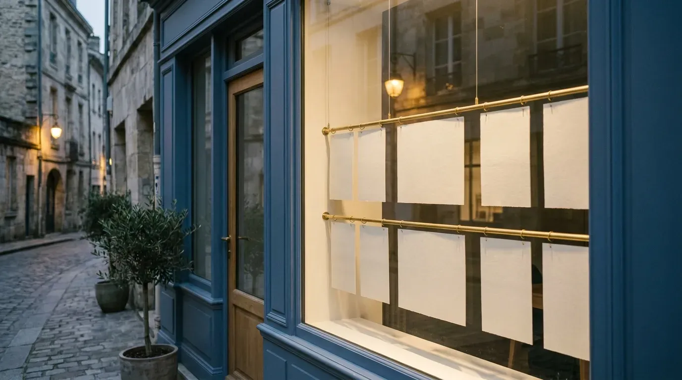 Vitrine bleue d’une agence immobiliere de quartier a la tombee du jour, fiches vierges suspendues a des rails en laiton et ruelle pavee refletee dans le verre.