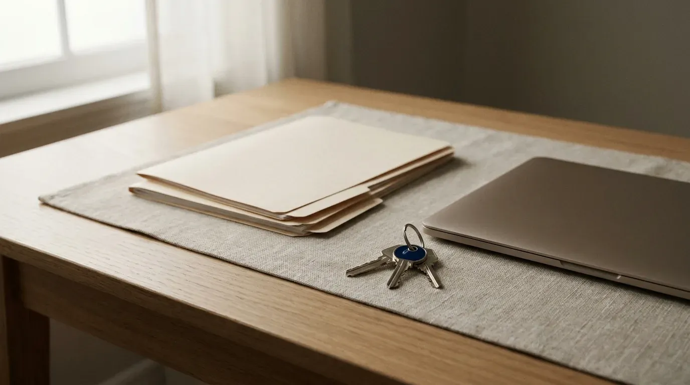 Bureau clair avec une pile de dossiers vierges, un ordinateur portable ferme et un trousseau de cles pose sur un chemin de table en lin.