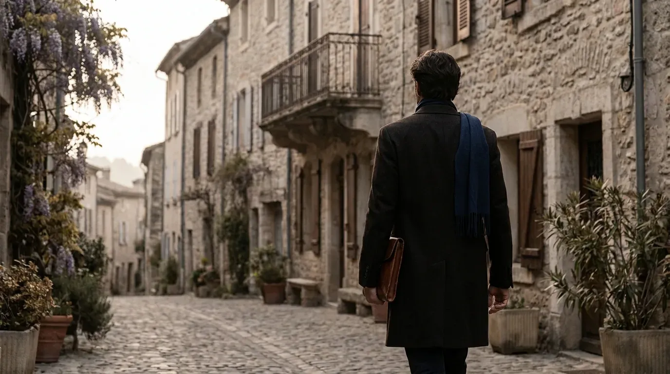 Ruelle pavee d un village francais borde de facades en pierre, un professionnel s y eloigne un porte-documents en cuir sous le bras.