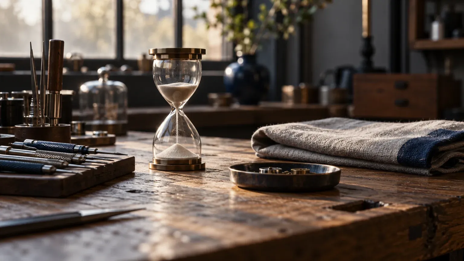 Sablier qui s’écoule sur un établi d’artisan, à côté d’outils de précision rangés, pour évoquer les dix minutes d’attente avant la fin d’une maintenance WordPress.