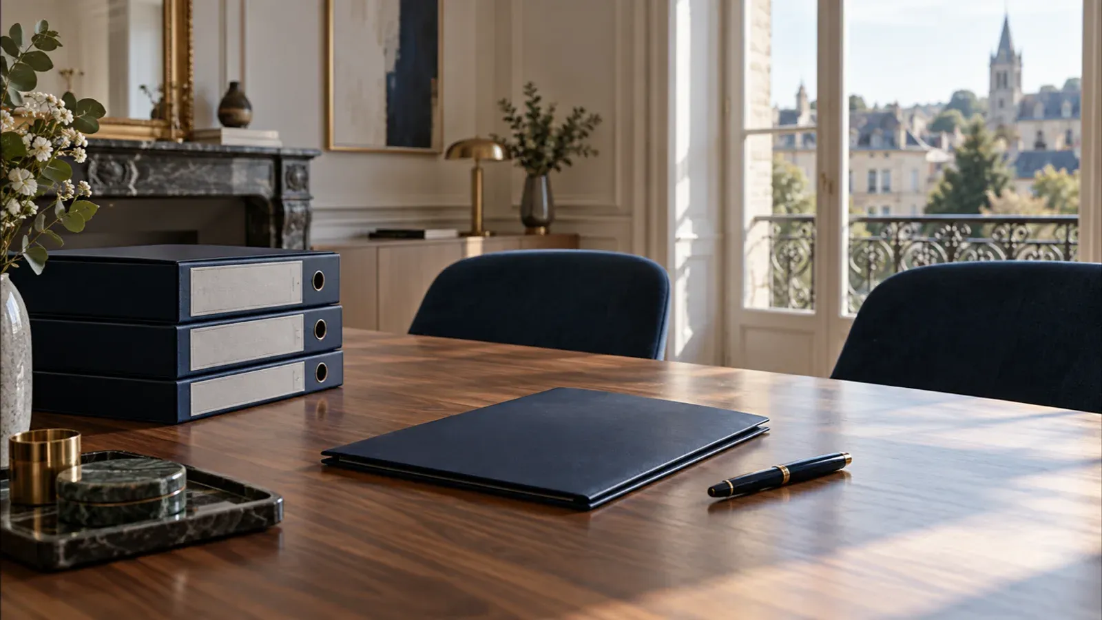 Salle de réunion sobre d’un cabinet d’expertise comptable, classeurs fermés et dossier posé sur une table en bois, à l’image de la retenue qu’exige la déontologie sur le site d’un expert-comptable.