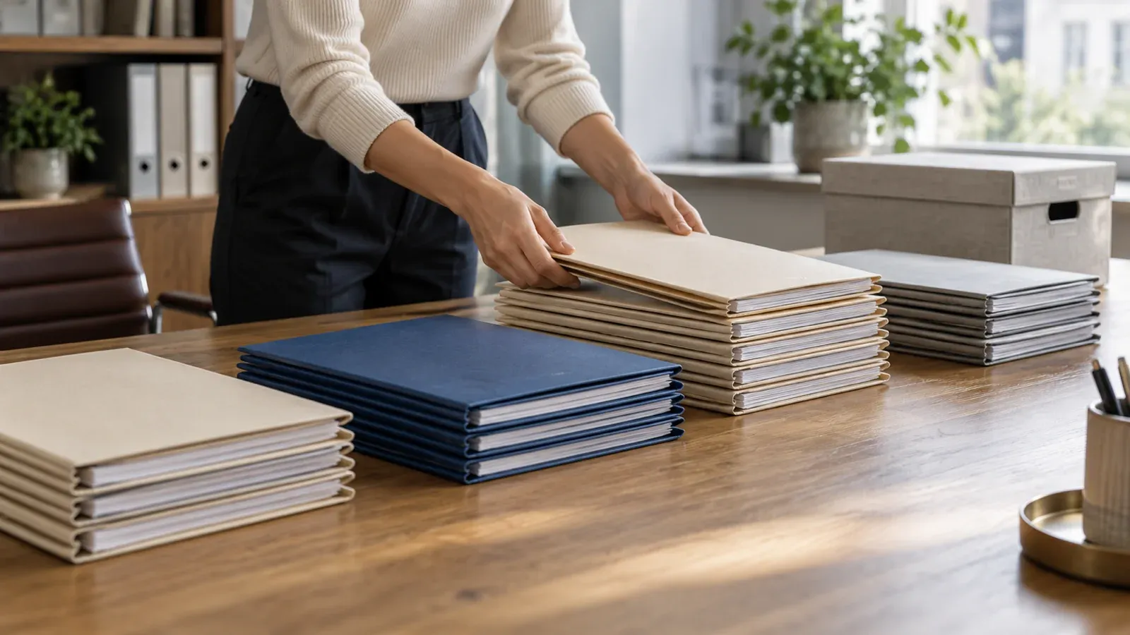 Mains rangeant des dossiers en piles séparées sur une table, comme les pages d’un site d’expert-comptable organisées par mission et par type de client.