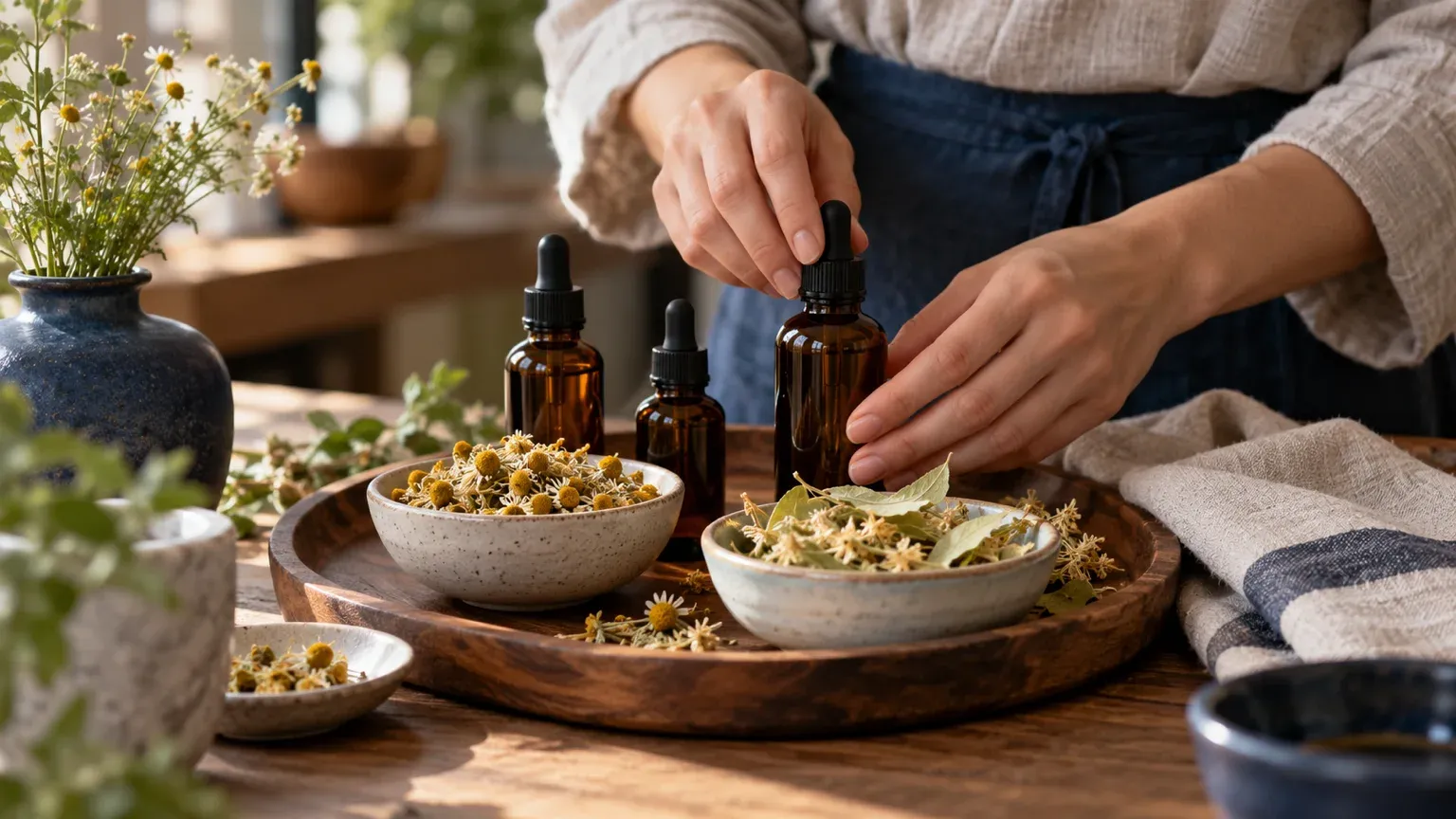 Mains d’un naturopathe disposant des flacons compte-gouttes ambrés sans étiquette et des bols de camomille et de tilleul séchés sur un plateau en bois, l’image d’un accompagnement qui complète le suivi médical sans le remplacer.