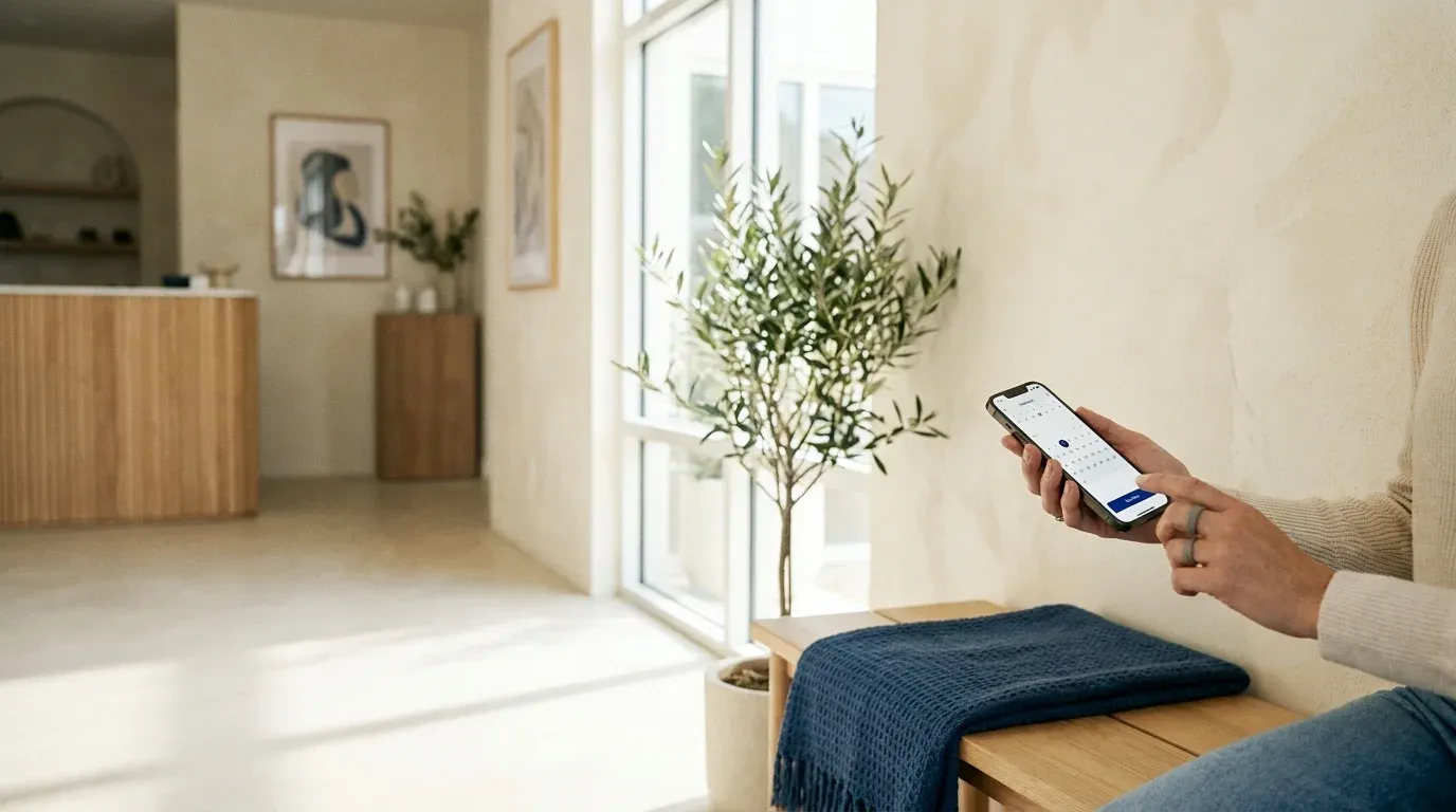 Mains d’un patient tenant un smartphone dans une salle d’attente d’ostéopathie lumineuse, illustrant la prise de rendez-vous en ligne.