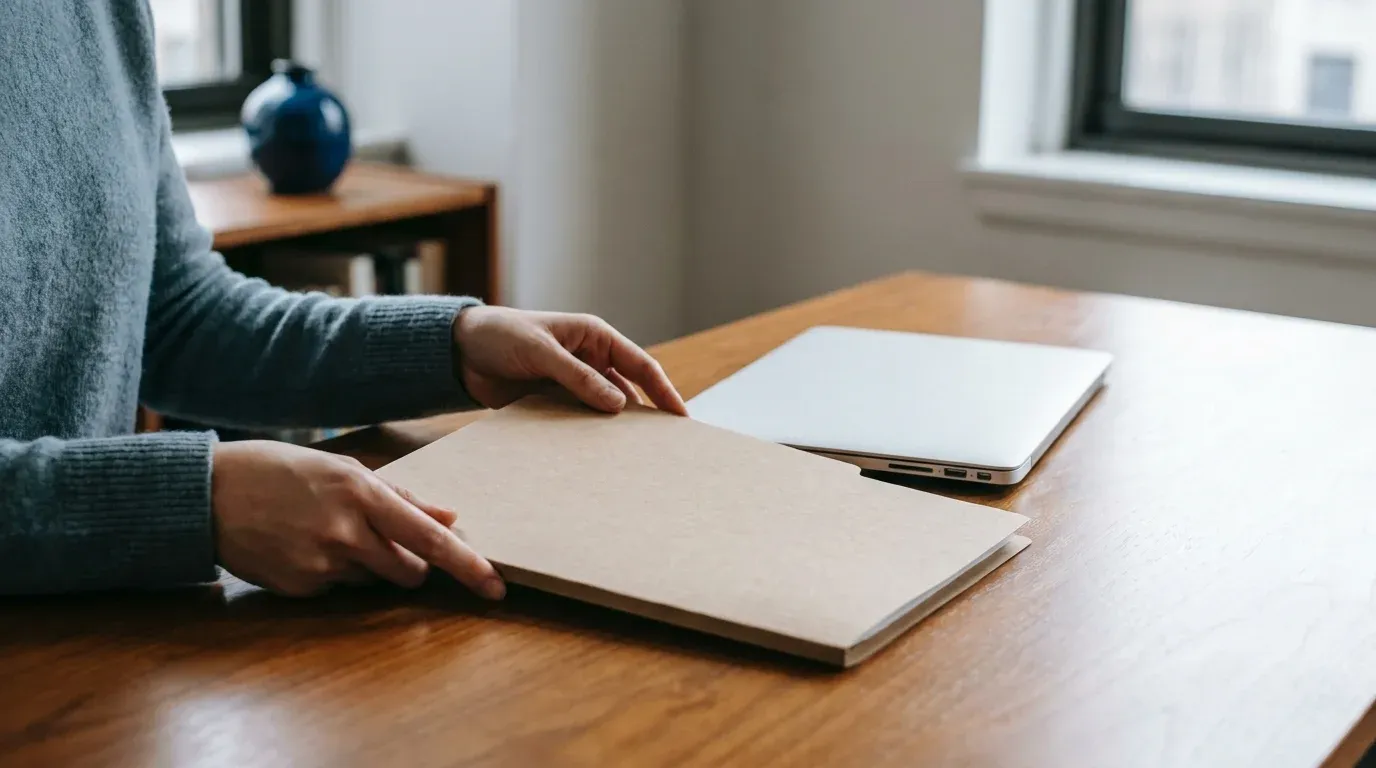 Ostéopathe classant un dossier patient papier à côté d’un ordinateur portable fermé, illustrant la protection des données de santé.