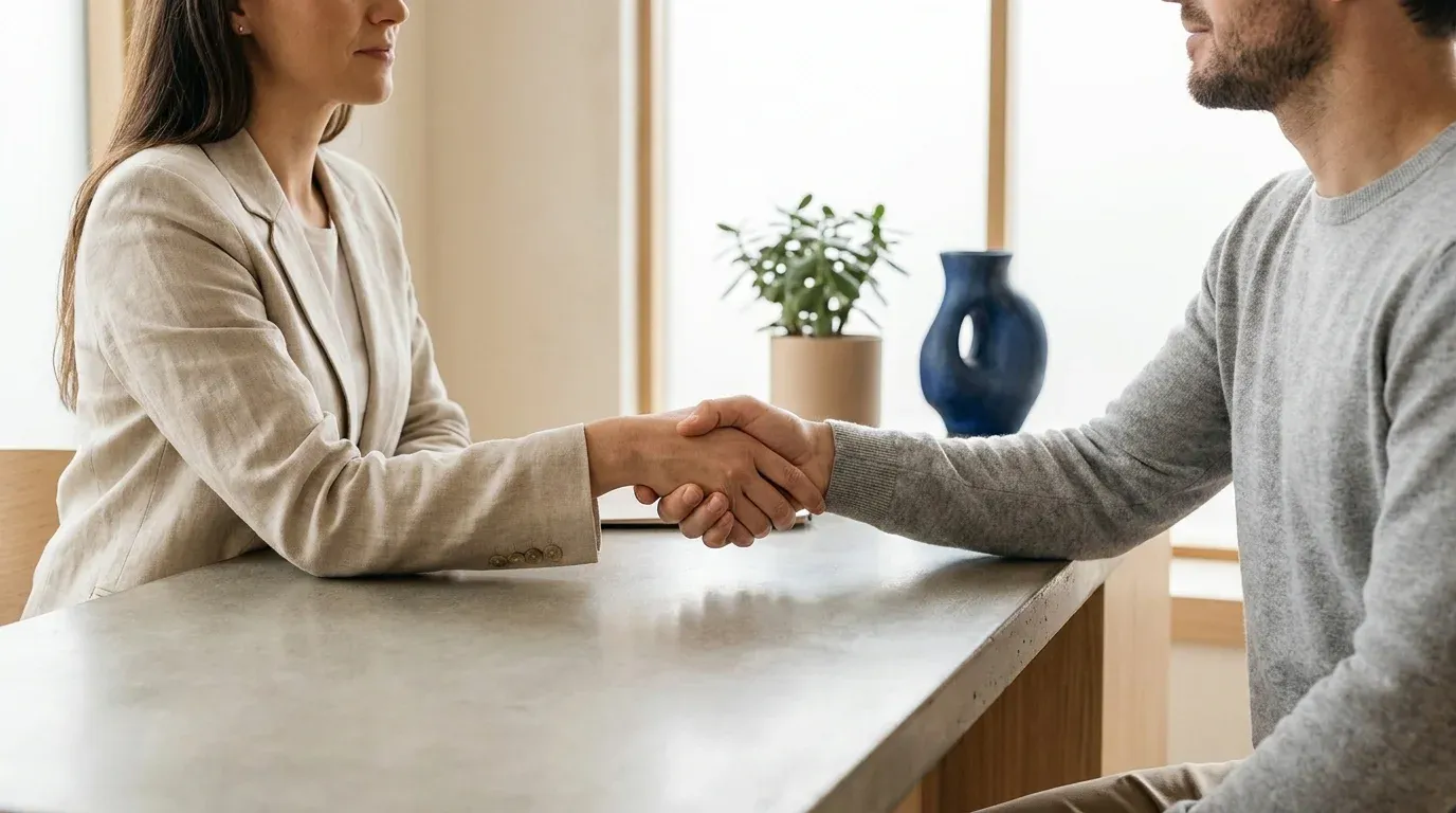 Poignée de main chaleureuse entre un ostéopathe et un patient en fin de séance, illustrant la confiance et un nouveau rendez-vous pris.