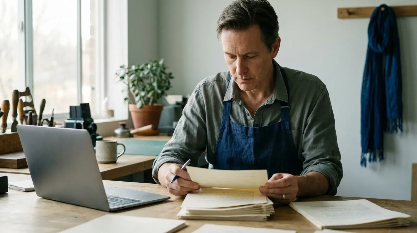 Un artisan en tablier relit des documents papier à son établi, à côté d’un ordinateur portable ouvert.