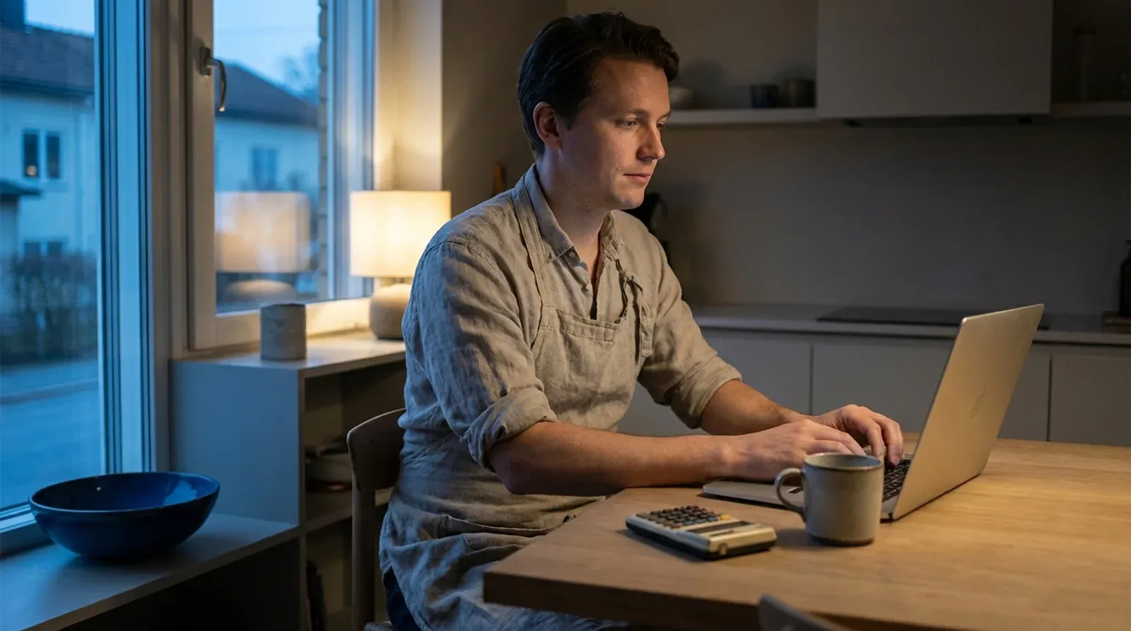 Un professionnel travaille sur son ordinateur portable le soir à la table de sa cuisine, une calculatrice posée à côté.