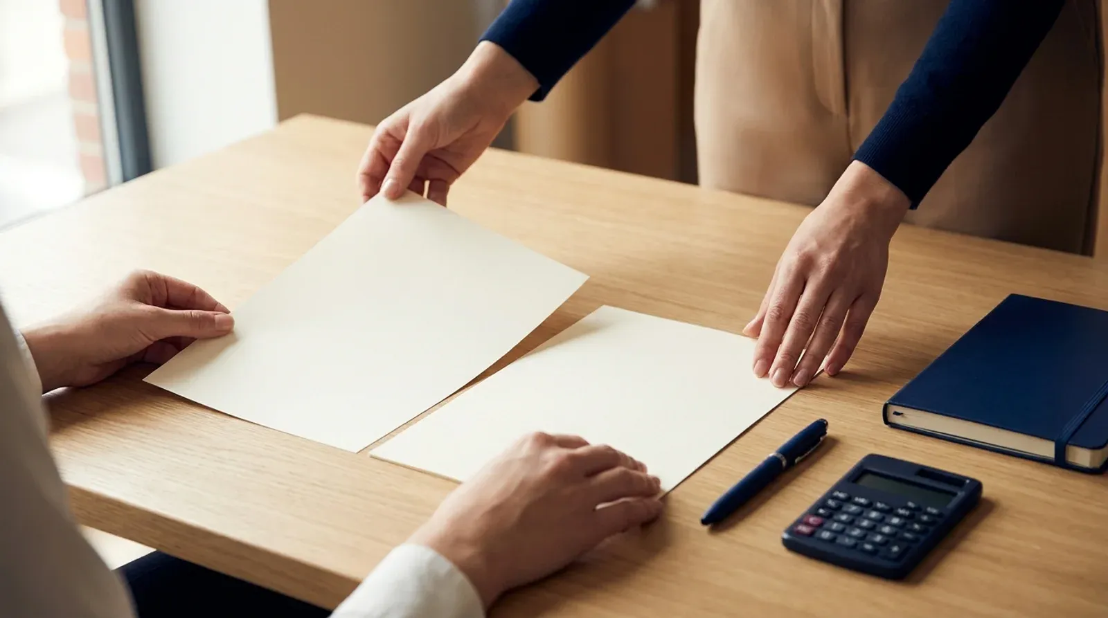 Deux personnes posent côte à côte deux feuilles sur un bureau en bois, avec un stylo, un carnet et une calculatrice.