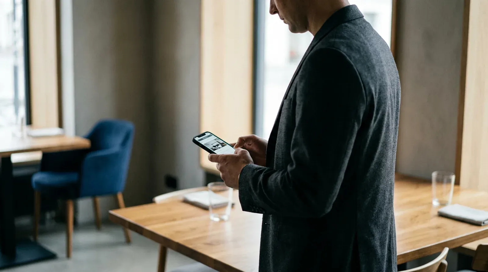 Un restaurateur en veste grise consulte le site de son établissement sur son téléphone, debout près d’une table dressée dans une salle de restaurant avant le service.