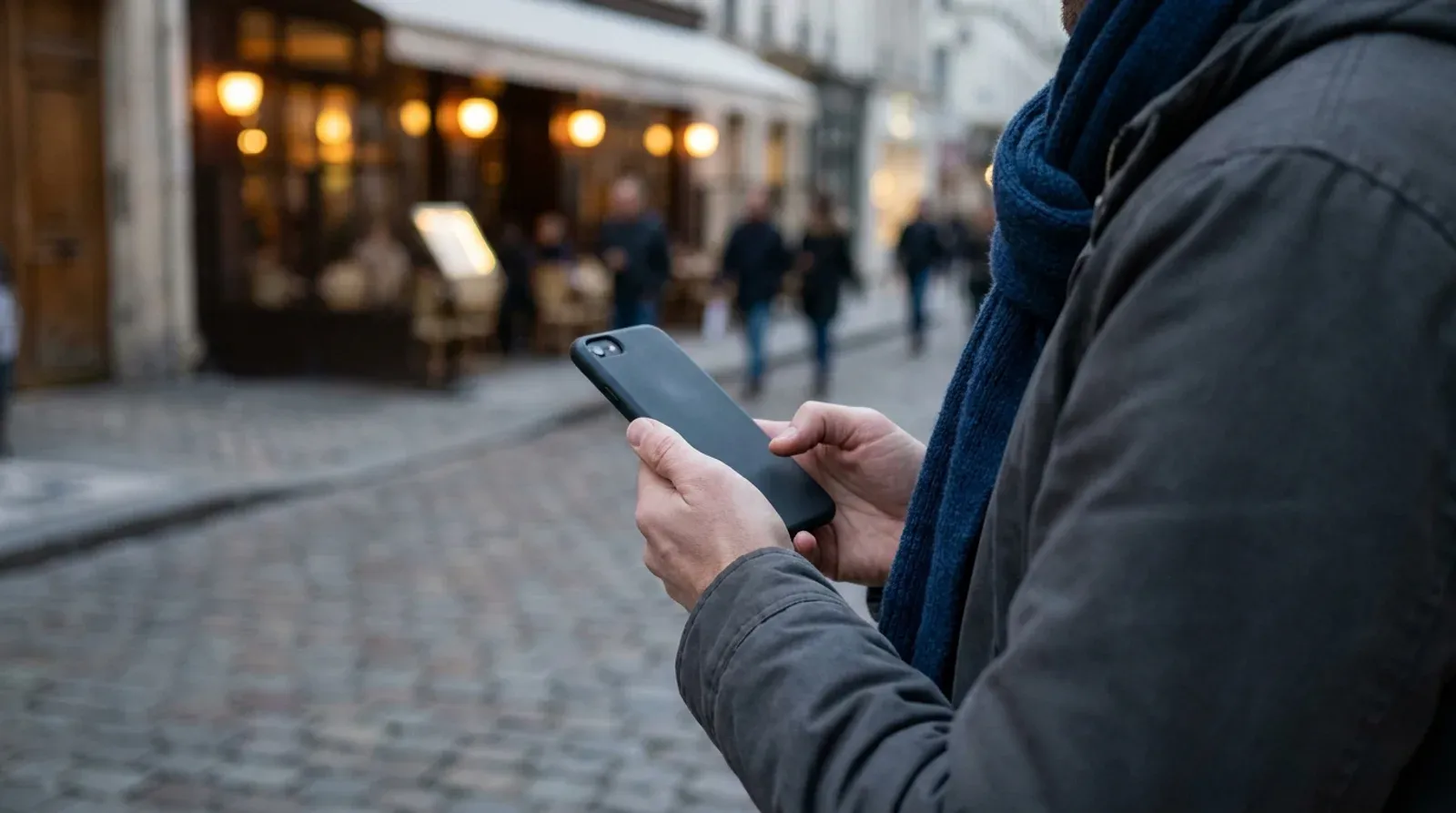 Un passant tient son téléphone dans une rue pavée, devant la devanture éclairée d’un restaurant au crépuscule.