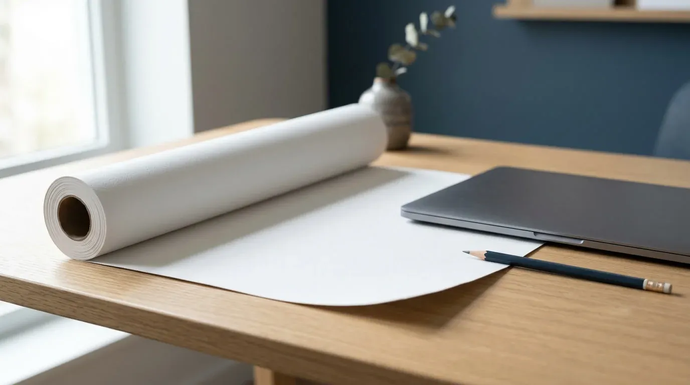 Long rouleau de papier blanc deroule sur un bureau en bois clair, a cote d’un ordinateur portable ferme et d’un crayon.