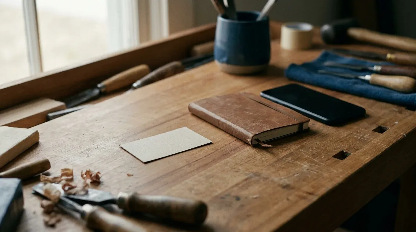 Etabli d’artisan en bois avec des ciseaux a bois, une carte de visite vierge, un carnet en cuir et un telephone pose face vers le bas.