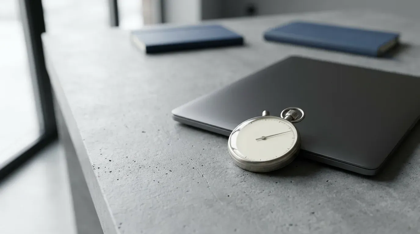Chronometre mecanique a cadran vierge pose sur un plan de travail en beton, contre un ordinateur portable ferme.