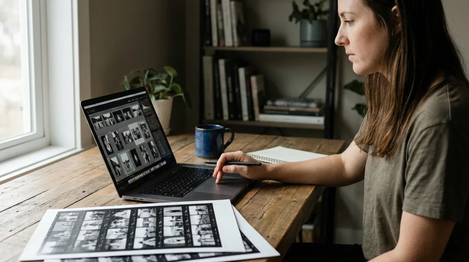 Photographe attablée devant un ordinateur portable, en train de resserrer sa sélection d’images, planches contact imprimées posées sur le bureau.