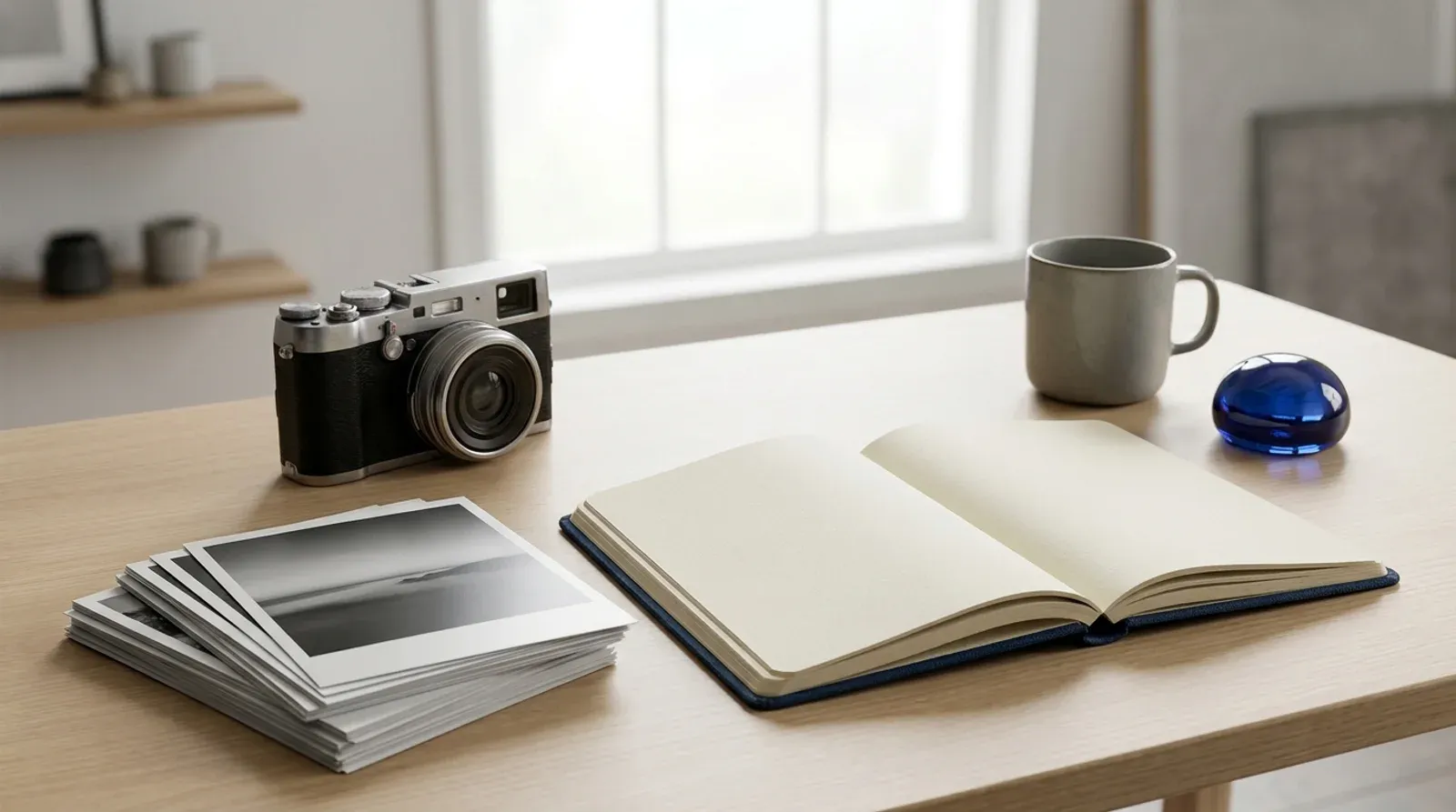 Table de studio avec un boîtier photo, une pile de tirages et un carnet ouvert aux pages vierges.