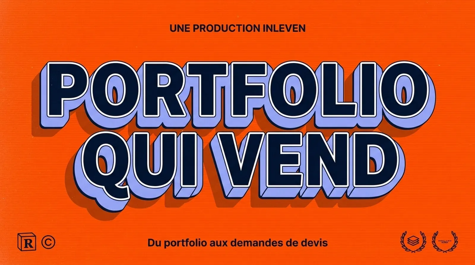 Affiche 3D rétro sur fond orange vif, titre PORTFOLIO QUI VEND en bleu nuit avec extrusion lavande, et la ligne Du portfolio aux demandes de devis.