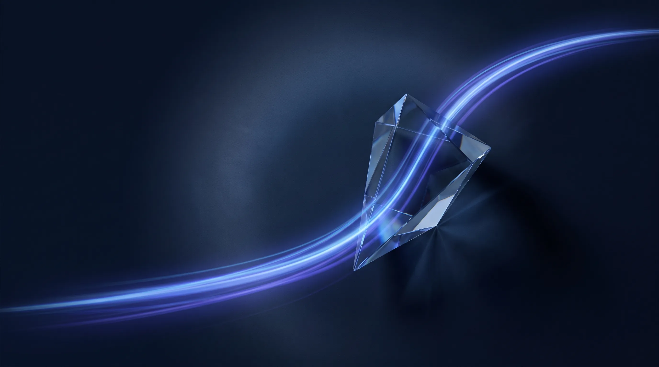 Cristallo di vetro attraversato da una scia di luce su sfondo blu notte, immagine di velocità e di precisione