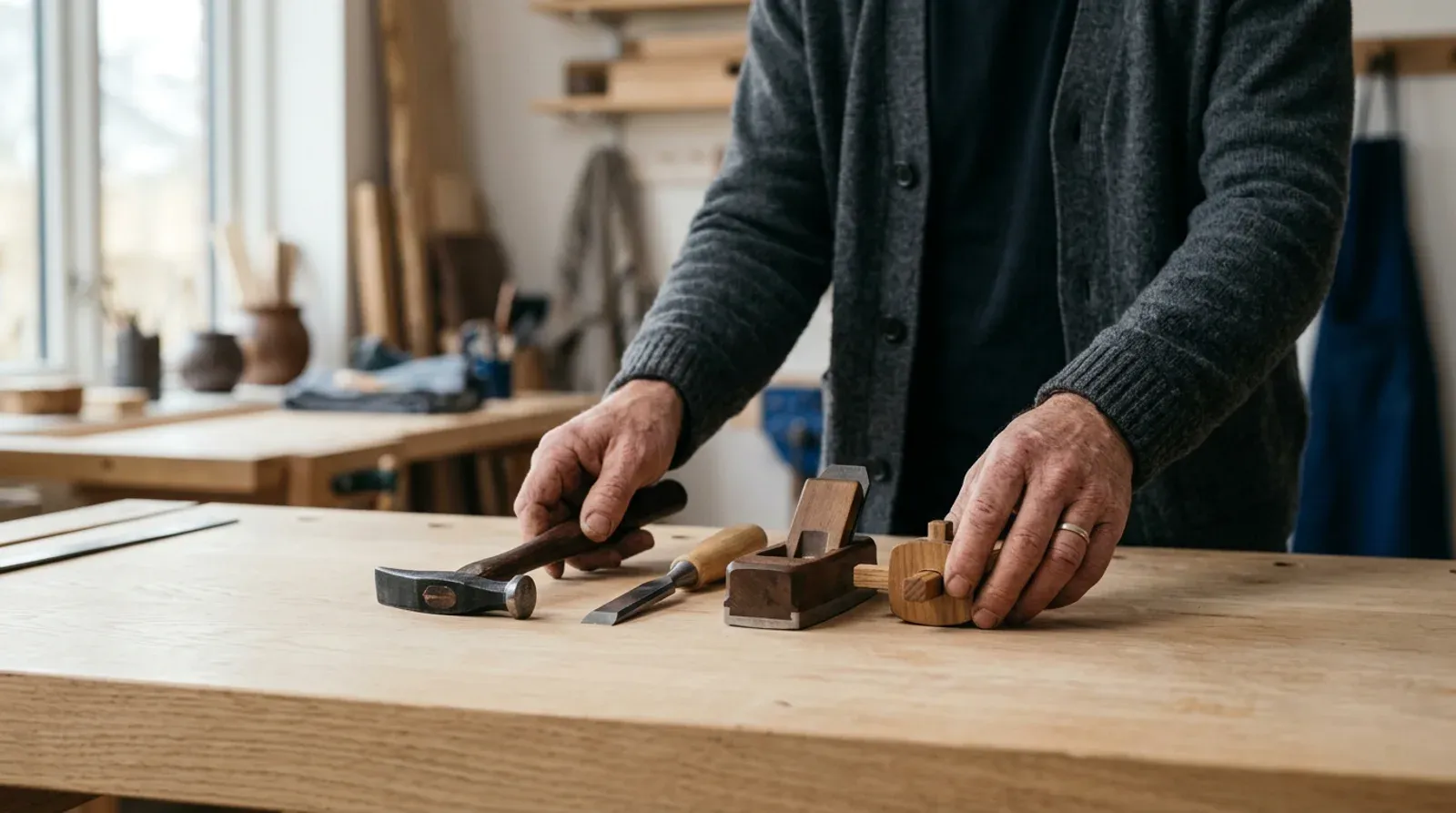 Mains d’un artisan disposant un marteau, un ciseau à bois et un rabot sur un plan de travail en chêne clair, dans un atelier lumineux.