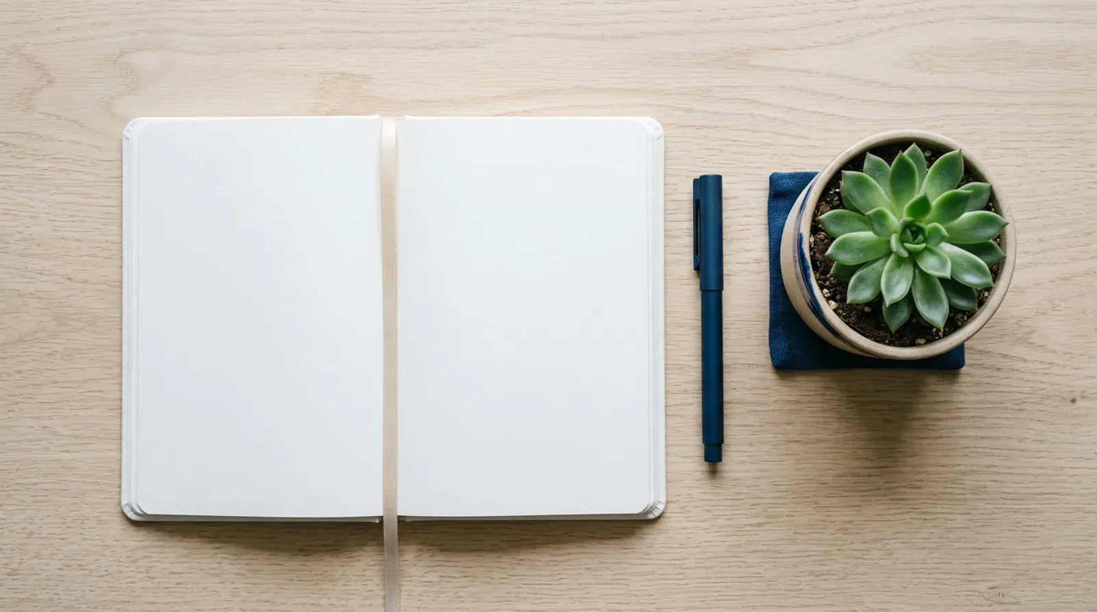 Carnet ouvert aux pages entièrement blanches, stylo bleu nuit et petite plante grasse posés sur un bureau en bois clair, vus du dessus.