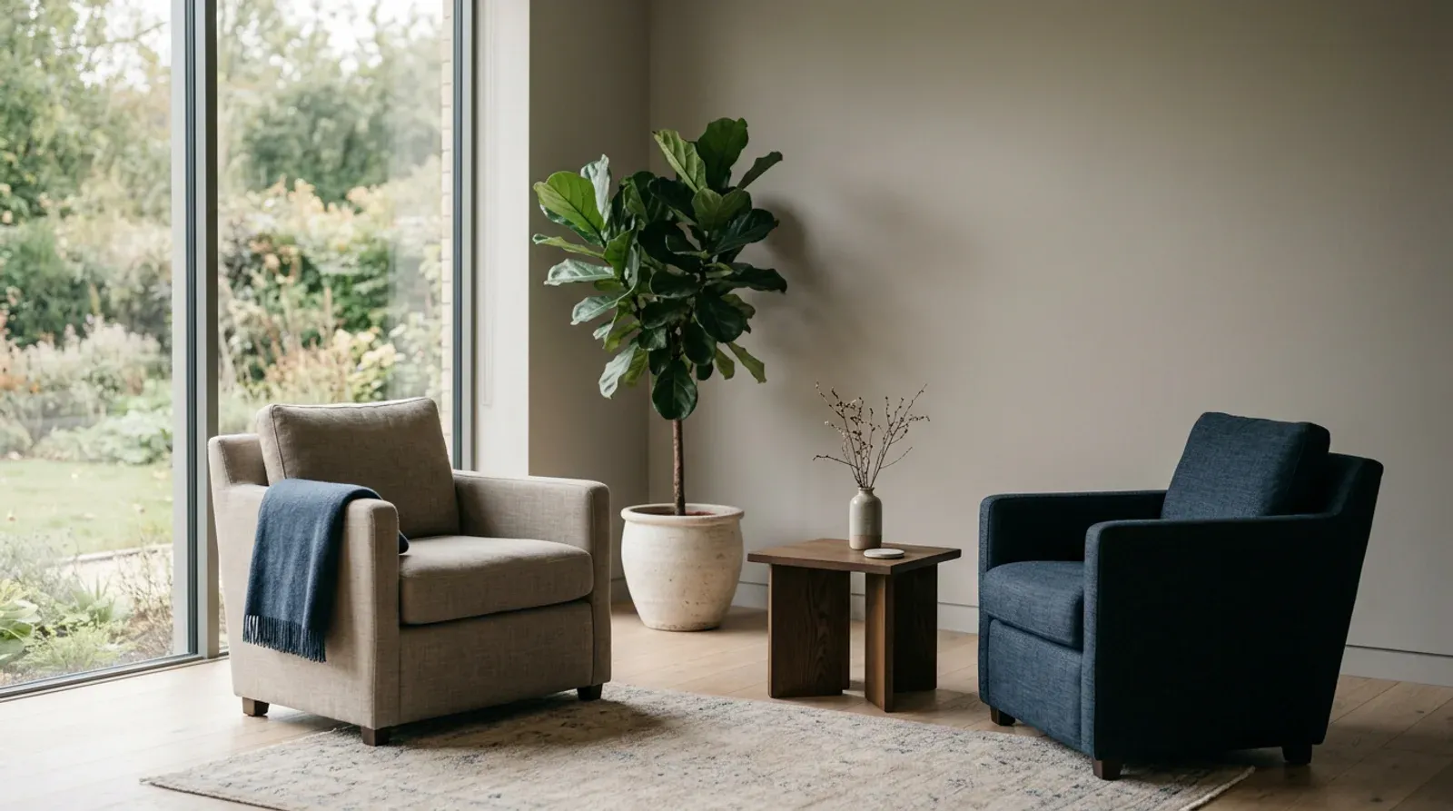 Deux fauteuils vides face à face dans une pièce claire, un ficus en pot, une petite table basse en bois et une grande fenêtre ouverte sur un jardin.