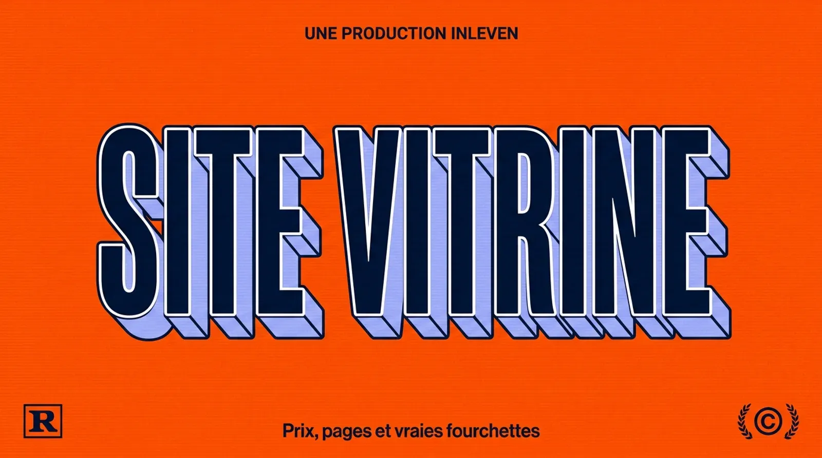 Affiche 3D rétro sur fond orange vif, titre SITE VITRINE en bleu nuit avec extrusion lavande, et la ligne Prix, pages et vraies fourchettes.