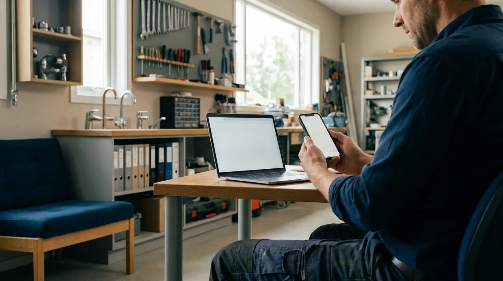 Artisan assis dans son atelier bureau, un smartphone affichant une carte à la main et un ordinateur portable ouvert sur une page vierge devant lui.