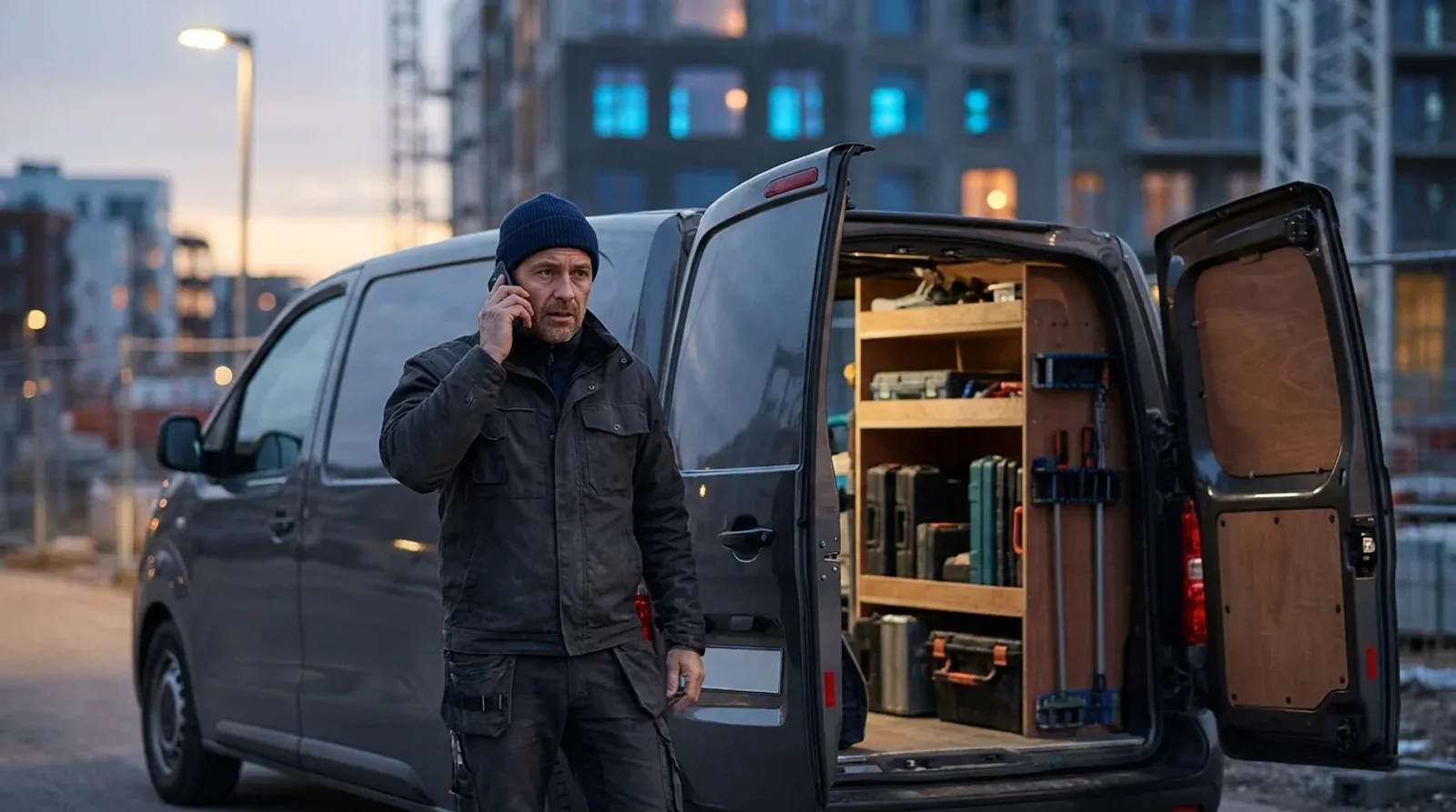 Plombier au téléphone au crépuscule devant son fourgon ouvert, l aménagement intérieur et les caisses à outils visibles.