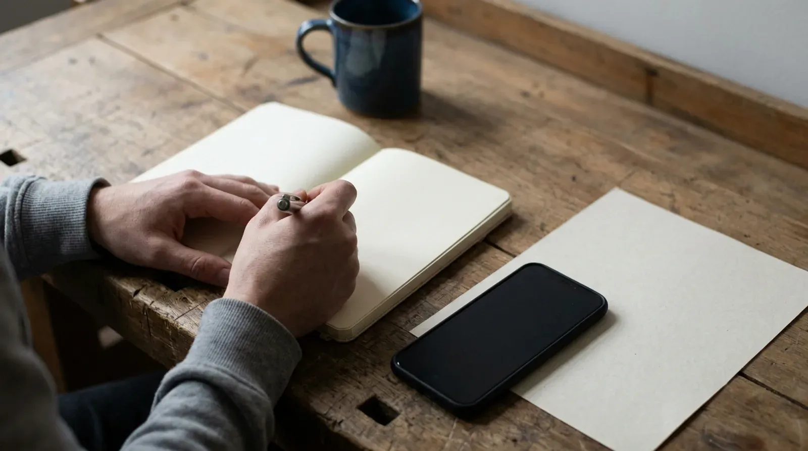 Mains d artisan tenant un stylo au-dessus d un carnet ouvert aux pages vierges, sur un établi en bois, à côté d un téléphone éteint et d une feuille blanche.