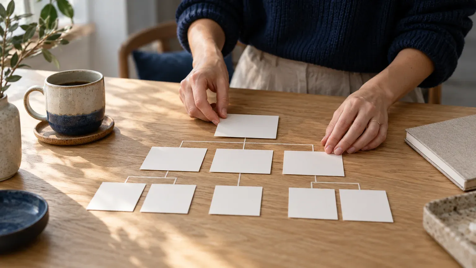 Mains d’une femme disposant des cartes vierges en arborescence sur une table en chêne clair, à côté d’une tasse et d’un carnet, pour préparer la structure d’un site pendant l’essai de Wix gratuit.
