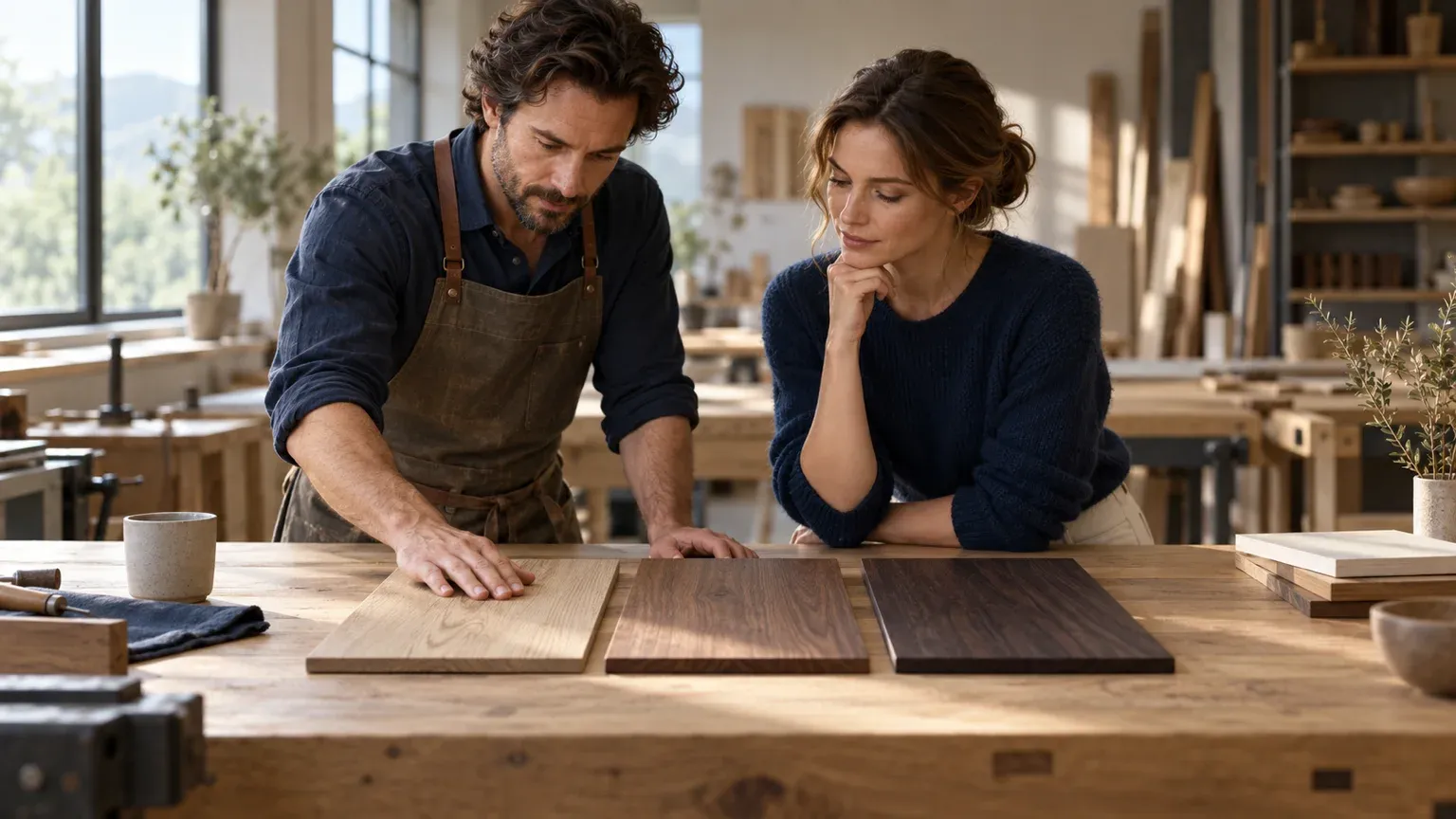 Un ébéniste en tablier et une cliente comparent trois planches de bois de teintes différentes sur un établi, à l’image du choix entre Wix gratuit, un forfait Wix et un site sur mesure.