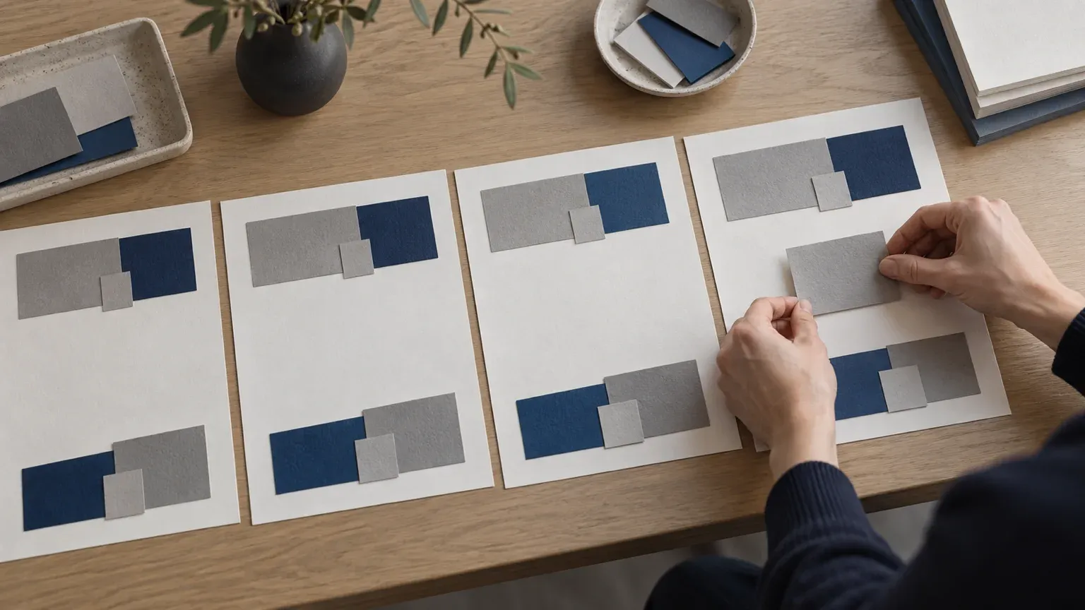Sur une table claire, plusieurs feuilles reprennent les mêmes rectangles de papier en haut et en bas, comme les zones communes que le zoning web pose une seule fois pour tout le site.