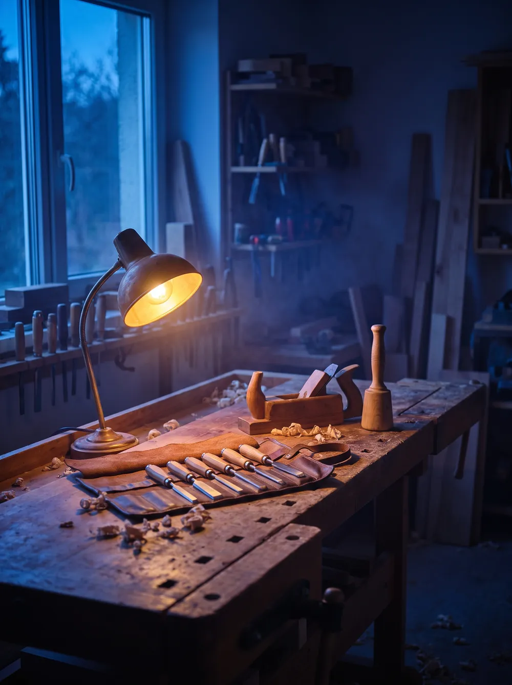Atelier d'artisan à l'heure bleue, ambiance premium par Inleven