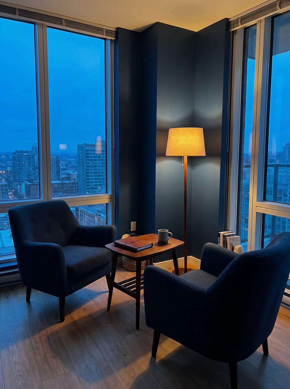 Espace de coaching lumineux à l'heure bleue, ambiance premium au ton bleu Inleven