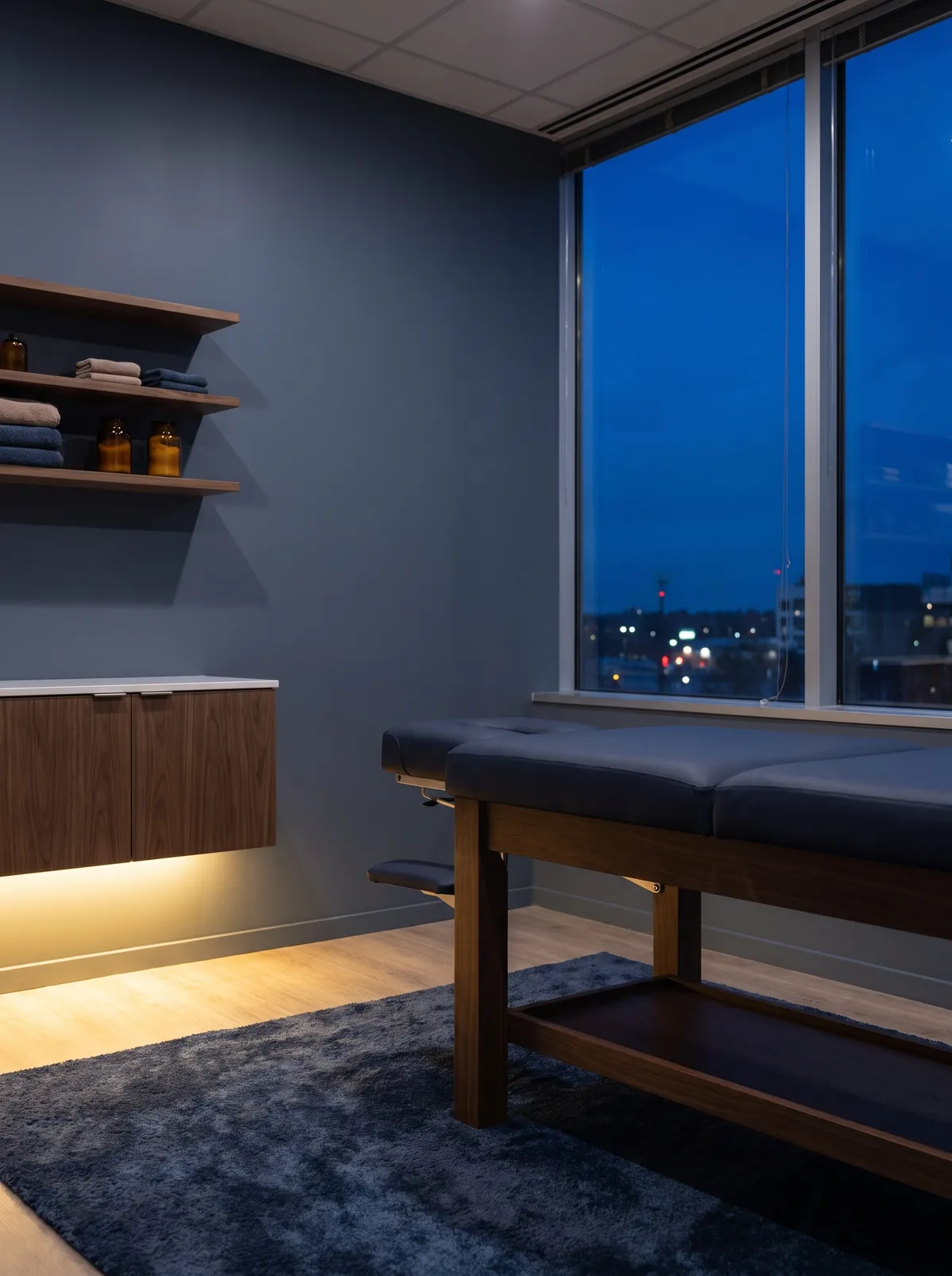 Cabinet d'ostéopathie à l'heure bleue, table de soin et lumière feutrée au ton bleu Inleven