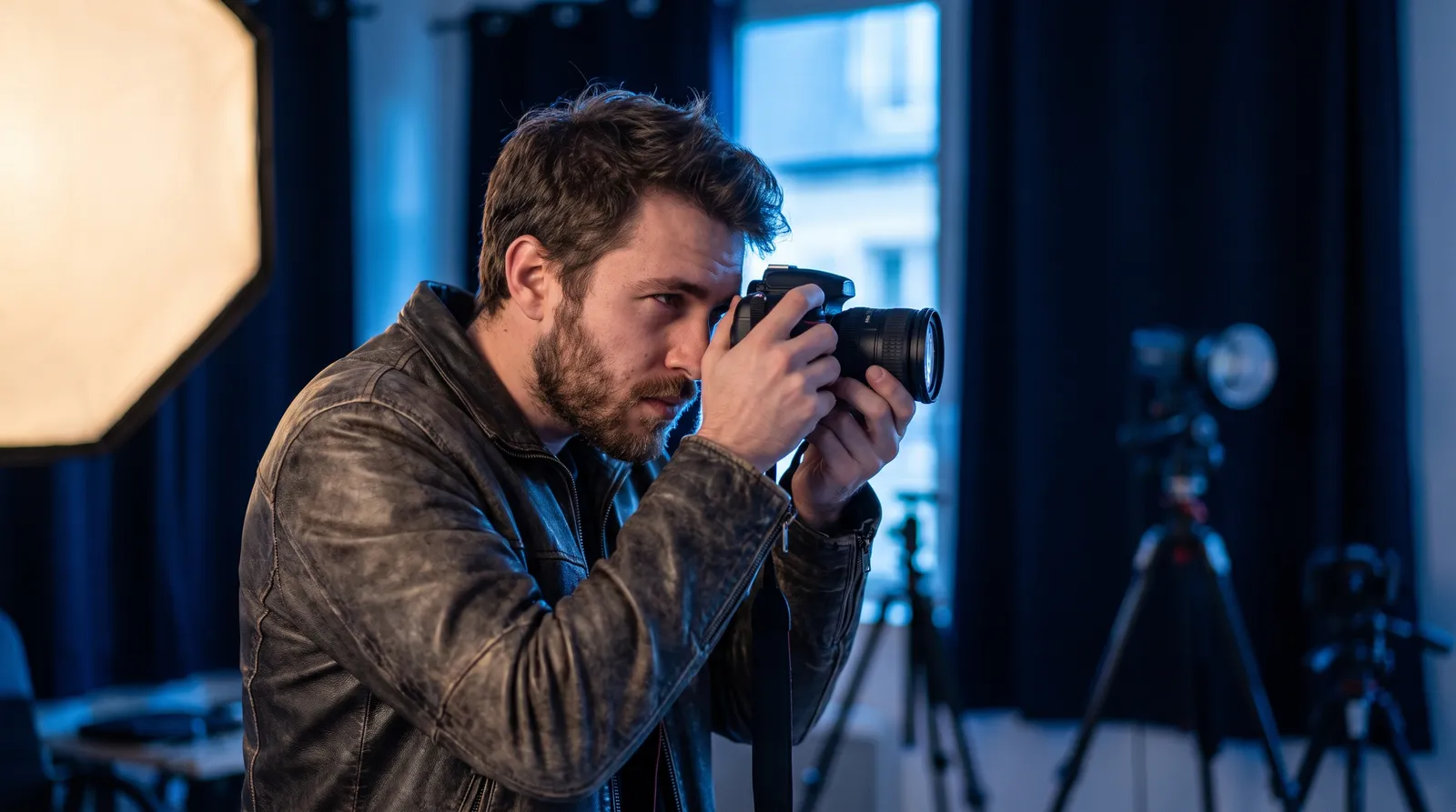 Photographe en pleine séance, portrait éditorial premium au ton bleu Inleven