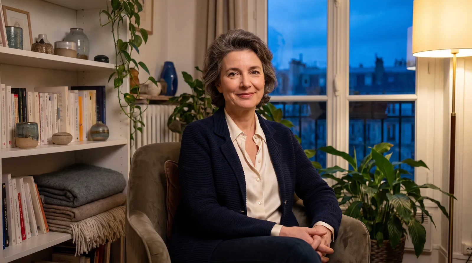 Thérapeute dans son cabinet apaisant, portrait éditorial premium au ton bleu Inleven
